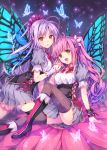  2girls blush boots butterfly butterfly_wings fairy flower green_eyes grey_skirt imomu interlocked_fingers long_hair looking_at_viewer multiple_girls open_mouth orange_eyes original pink_hair pointy_ears ponytail puffy_sleeves purple_hair shirt short_sleeves sitting skirt smile thighhighs wings 