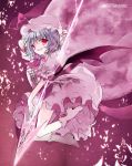  1girl bat_wings blue_hair boots bow cierra_(ra-bit) dress fang frilled_dress frills full_moon hat hat_ribbon jewelry looking_at_viewer mob_cap moon night pink_dress puffy_sleeves red_background red_eyes red_moon remilia_scarlet ribbon sash short_hair short_sleeves smile solo spear_the_gungnir text touhou wings 