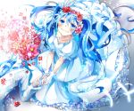  1girl blue_eyes blue_hair dress flower gloves grin hair_flower hair_ornament hatsune_miku holding_hands hoshino_kisora long_hair smile very_long_hair vocaloid 