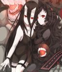  2girls battleship-symbiotic_hime black_dress black_hair dress headdress horns isolated_island_oni kantai_collection long_hair marai_shin multiple_girls pantyhose personification red_eyes smile white_skin 