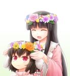  2girls :3 ^_^ animal_ears black_hair blush closed_eyes daisy dandelion flower head_wreath hime_cut houraisan_kaguya hydrangea inaba_tewi japanese_clothes long_hair long_sleeves morioka_itari multiple_girls open_mouth orange_rose pink_rose rabbit_ears red_eyes rose short_hair simple_background touhou very_long_hair white_background 