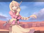  :d blonde_hair blue_eyes braid canyon dress dual_wielding gloves gun holster jacket kiri_(regulaton) long_hair open_mouth revolver single_braid smile weapon western wind 