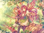  2girls blonde_hair blue_eyes boots branch butterfly_wings dress food fruit green_eyes high_heels imomu long_hair multiple_girls original pointy_ears red_eyes thigh-highs thigh_boots tree twintails wings 