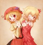  2girls aki_minoriko aki_shizuha apron arinu arm_around_waist blonde_hair brown_eyes food fruit grapes hair_ornament hat juliet_sleeves long_sleeves looking_at_viewer multiple_girls one_eye_closed open_mouth puffy_sleeves red_eyes shirt siblings sisters skirt skirt_set smile touhou wink 