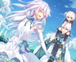  1girl 2boys black_legwear blonde_hair blush bow bridal_gauntlets brother_and_sister cape carrying closed_eyes clouds dress gloves lavender_hair long_hair md5_mismatch mishima_kurone multiple_boys original red_eyes selica_crimson short_hair shoulder_carry siblings side_ponytail sky smile tears tierra_azur trap tree very_long_hair white_hair yellow_eyes 