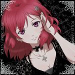  1girl breasts cleavage earrings hair_ornament hairpin hand_in_hair jewelry looking_at_viewer neck_ribbon necklace okazaki_yumemi pink_eyes redhead ribbon short_hair smile solo touhou tsukimido violet_eyes 