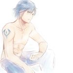  1boy abs arm_rest bare_shoulders blue_eyes blue_hair collarbone fire_emblem fire_emblem:_kakusei krom leaning leaning_forward looking_at_viewer male markings nintendo no_shirt pants shirtless sitting sketch smile solo tusia white_background 