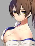 1girl artist_name bare_shoulders breasts brown_eyes brown_hair cleavage collarbone grey_background japanese_clothes jpeg_artifacts kaga_(kantai_collection) kantai_collection matarou_(genkai_toppa) off_shoulder short_hair side_ponytail simple_background solo 
