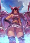  1girl bangs bare_shoulders bird black_hair black_legwear black_panties breasts elbow_gloves fingerless_gloves from_below giantess gloves hand_on_hip headgear highres kantai_collection lack long_hair looking_at_viewer midriff nagato_(kantai_collection) navel panties pink_eyes seagull solo thighhighs turret underwear upskirt very_long_hair water 