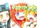  3girls ascot black_hair blonde_hair bow bust fangs flower_wreath hair_bow hand_on_shoulder hat luna_child maid_headdress multiple_girls one_eye_closed open_mouth red_eyes redhead shirosato smile star_sapphire sunny_milk symbol-shaped_pupils touhou violet_eyes wink yellow_eyes 