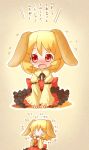  1girl aki_minoriko arinu blonde_hair blush carrot eating fang flying_sweatdrops highres juliet_sleeves kemonomimi_mode long_sleeves no_hat o_o open_mouth puffy_sleeves rabbit red_eyes sitting solo tears touhou translation_request 