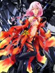  1girl bare_shoulders black_legwear breasts center_opening cleavage detached_sleeves fingerless_gloves gloves guilty_crown hair_ornament hairclip long_hair navel open_mouth pink_hair red_eyes solo thigh-highs twintails yuzuriha_inori 