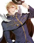  1boy artist_name blonde_hair capelet character_name dated dio_brando emuyama feathers hat holding holding_hat jojo_no_kimyou_na_bouken red_eyes signature solo top_hat 
