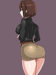  1girl ass belt blush breasts brown_eyes brown_hair hyuuga_(kantai_collection) kantai_collection large_breasts miniskirt pantylines pencil_skirt ribbed_sweater short_hair simple_background skirt smile solo sweater turtleneck ulrich_(tagaragakuin) vertical_stripes 