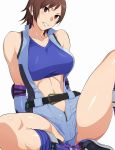  1girl bare_shoulders belt boots breasts brown_hair collarbone grin highres kazama_asuka large_breasts looking_at_viewer namco red_eyes short_hair sitting smile solo teeth tekken tetsuo_(tetuo1129) thighs white_background zipper 