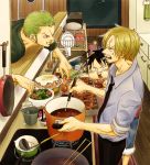  3boys :t black_hair blonde_hair chicken_(food) cigarette cup denim eating food frying_pan green_hair jeans kitchen ladle monkey_d_luffy mouth_hold multiple_boys necktie one_piece open_mouth pan plate pot puniatta roronoa_zoro salad sanji sink sleeves_rolled_up stove teeth towel 