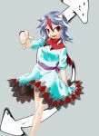  1girl :d directional_arrow dress fang highres horns kijin_seija killing looking_at_viewer multicolored_hair open_mouth red_eyes short_hair short_sleeves smile touhou 