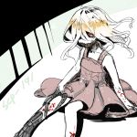  1girl arm_support blonde_hair character_name cyborg dress hair_over_one_eye long_hair red_eyes roels scp-191 scp_foundation sitting solo tagme 