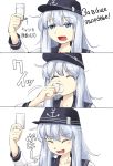  1girl artist_request blue_eyes hat hibiki_(kantai_collection) kantai_collection long_hair russian simple_background solo translated vodka white_background white_hair 