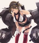  1girl adjusting_hair bare_shoulders blush breasts brown_hair cleavage gloves green_eyes hairband headgear kantai_collection large_breasts leaning_forward looking_at_viewer midriff multiple_girls mutsu_(kantai_collection) navel one_eye_closed personification rokuwata_tomoe short_hair skirt solo thigh-highs wink zettai_ryouiki 