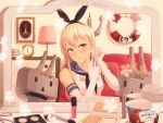  1girl anchor blonde_hair blush earrings elbow_gloves gloves hairband jewelry kantai_collection kedama_keito long_hair mirror mouth_hold personification rensouhou-chan shimakaze_(kantai_collection) solo white_gloves 