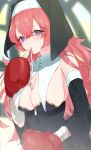  1girl boxing_gloves breasts cleavage habit highres large_breasts long_hair mouth_hold nun original pink_hair solo violet_eyes yzh_chan 