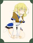  1girl :&lt; absurdres arm_support ascot black_skirt blonde_hair blush brown_clothes colored_eyelashes detached_sleeves green_eyes highres kneeling looking_at_viewer mizuhashi_parsee nose_blush pointy_ears seiza short_hair sitting skirt skirt_set socks solo touhou 