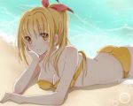  1girl beach bikini blonde_hair blush hiro_(hirohiro31) long_hair lying marin on_stomach solo swimsuit umi_monogatari water yellow_bikini 