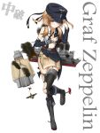  1girl adjusting_clothes adjusting_hat airplane blonde_hair garter_straps graf_zeppelin_(ship) highres kantai_collection long_sleeves looking_at_viewer original rabochicken solo thigh-highs torn_clothes torn_thighhighs violet_eyes 