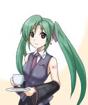  1girl blush cosplay cup detached_sleeves earrings green_hair hatsune_miku hatsuseno_alpha jewelry namesake necktie saucer smile solo tattoo vest violet_eyes vocaloid yokohama_kaidashi_kikou yukky_snow 