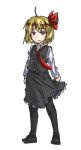  1girl black_legwear black_shoes black_skirt blonde_hair blouse clenched_hands expressionless frilled_skirt frills hair_ribbon long_sleeves looking_at_viewer loose_necktie mousou necktie red_eyes red_ribbon ribbon rumia short_hair skirt solo thigh-highs touhou vest white_background 