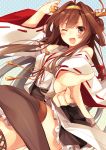  1girl ;p bare_shoulders blush boots brown_hair brown_legwear detached_sleeves double_bun hair_ornament hairband headgear japanese_clothes kantai_collection kongou_(kantai_collection) long_hair nontraditional_miko one_eye_closed open_mouth personification skirt smile solo thigh_boots thighhighs tongue toosaka_asagi wink 