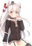  1girl amatsukaze_(kantai_collection) blush brown_eyes choker dress frown garter_straps hair_ornament kantai_collection long_hair looking_at_viewer open_mouth personification sailor_dress silver_hair solo thighhighs twintails usashiro_mani 