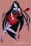  1girl :d adventure_time axe bare_shoulders bass_guitar bite_mark black_hair breasts character_name dress green_eyes grey_skin high_heels highres instrument knees_together_feet_apart long_hair marceline_abadeer open_mouth pointy_ears quan_quan smile solo strap striped striped_legwear vampire very_long_hair weapon 