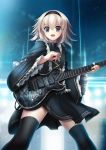  1girl black_legwear electric_guitar guitar hairband highres instrument looking_at_viewer open_mouth original riburanomind short_hair solo thighhighs violet_eyes white_hair wide_sleeves 
