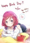  1girl alternate_costume alternate_hairstyle artist_name bare_shoulders blush book casual chiigo collarbone dated hair_ornament hair_tie hairpin happy_birthday heart love_live!_school_idol_project low_twintails lying nail_polish nishikino_maki on_bed on_stomach open_book pillow_support redhead short_hair shorts simple_background smile solo speech_bubble spoken_heart translated twintails violet_eyes white_background white_blouse 