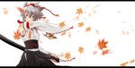  1girl absurdres alternate_costume animal_ears armpits autumn_leaves bare_shoulders detached_sleeves hat highres inubashiri_momiji leaf looking_at_viewer pom_pom_(clothes) short_hair silver_hair simple_background solo sword sword_bag tokin_hat touhou tyomo weapon white_background wolf_ears 