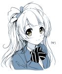  1girl blush bow hair_bow kurimomo long_hair love_live!_school_idol_project minami_kotori monochrome school_uniform smile topknot 