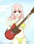  1girl bikini breasts guitar headphones highres instrument large_breasts long_hair looking_at_viewer navel nitroplus open_mouth pink_hair plectrum red_eyes smile solo super_sonico swimsuit yellow_bikini 