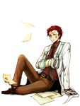  1boy arm_support bandages bruise burnt cast character_request gloves injury labcoat male necktie paper redhead roels scp_foundation sitting sling solo tagme 