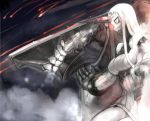  1girl arugeri bare_shoulders breasts detached_sleeves dress glowing glowing_eyes high_collar horn kantai_collection large_breasts long_hair monster pale_skin red_eyes ribbed_dress seaport_hime shinkaisei-kan short_dress sideboob very_long_hair white_hair 