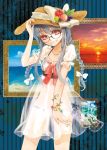  1girl alternate_costume alternate_hairstyle apple beach bespectacled blue_skirt bow bracelet braid dress food fruit glasses grin hair_ribbon hand_on_headwear hat hat_bow highres hinanawi_tenshi jewelry long_hair looking_at_viewer necklace painting_(object) panties peach pink_eyes ribbon rikapo see-through silver_hair skirt smile solo straw_hat sunset touhou twin_braids underwear very_long_hair white_dress white_panties 
