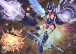  1girl aerial_battle alternate_costume amputee android angel_wings battle blue_hair breasts broken commentary damaged dogfight dual_wielding energy_cannon explosion forehead_protector headgear huge_weapon kos-mos long_hair red_eyes ryu_shou science_fiction solo_focus space space_craft thighhighs valkyrie weapon wings xenosaga 