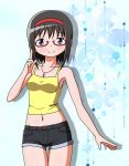  1girl akemi_homura alternate_costume alternate_hair_length alternate_hairstyle bare_shoulders black_hair cadsensei casual glasses hairband jewelry mahou_shoujo_madoka_magica midriff navel necklace short_hair short_shorts shorts smile solo tank_top violet_eyes 