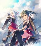  2girls :d armor black_legwear boots brown_eyes clouds cloudy_sky flight_deck green_hair hair_ribbon hand_in_hair kantai_collection multiple_girls nontraditional_miko open_mouth personification rain ribbon shirt shoukaku_(kantai_collection) silver_hair sitting skirt sky smile standing thigh_boots thighhighs tousaki_umiko yellow_eyes zettai_ryouiki zuikaku_(kantai_collection) 