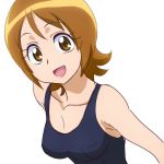  1girl breasts brown_eyes brown_hair happinesscharge_precure! looking_at_viewer manji_(tenketsu) one-piece_swimsuit oomori_yuuko open_mouth precure short_hair simple_background smile solo swimsuit white_background 