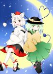  2girls :d animal_ears crescent_moon crossed_arms detached_sleeves fang green_eyes green_hair hat inubashiri_momiji komeiji_koishi moon multiple_girls open_mouth pom_pom_(clothes) red_eyes shirt short_hair skirt sky smile star_(sky) starry_sky tail third_eye tokin_hat touhou white_hair wide_sleeves wolf_ears wolf_tail yuzuna99 