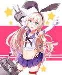  1girl anchor_hair_ornament blonde_hair blue_skirt blush bow gloves hair_bow kantai_collection long_hair navel open_mouth personification rensouhou-chan sailor sailor_collar shimakaze_(kantai_collection) shirt skirt solo thighhighs uiroutsuji_yumihiko white_gloves white_shirt 