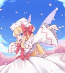  1girl blonde_hair blue_eyes blue_sky blush bow capelet cherry_blossoms clouds dress fairy_wings hair_bow hat lily_white long_hair long_sleeves looking_at_viewer open_mouth outstretched_arms payot petals red_bow sky solo teeth touhou white_dress white_hat wide_sleeves wings youki_(yuyuki000) 