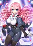  1girl black_gloves black_pants blue_eyes boots chain corset curly_hair flower gloves hat hat_removed headwear_removed holding holding_hat long_hair neuro48 original petals pink_hair puffy_sleeves rose smile solo staff 